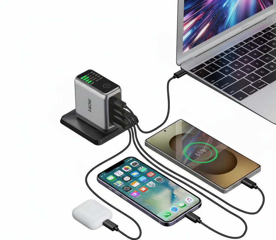 140w GaN Charger (4 Port) w/HD Display & Travel Adaptors